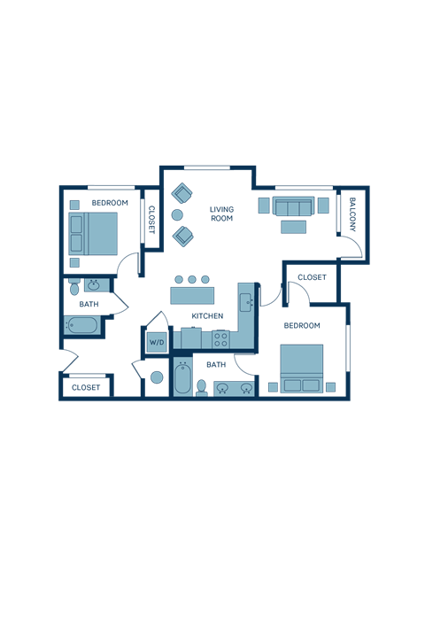 Floor plan for 2 beds, 2 baths, 1078 sqft